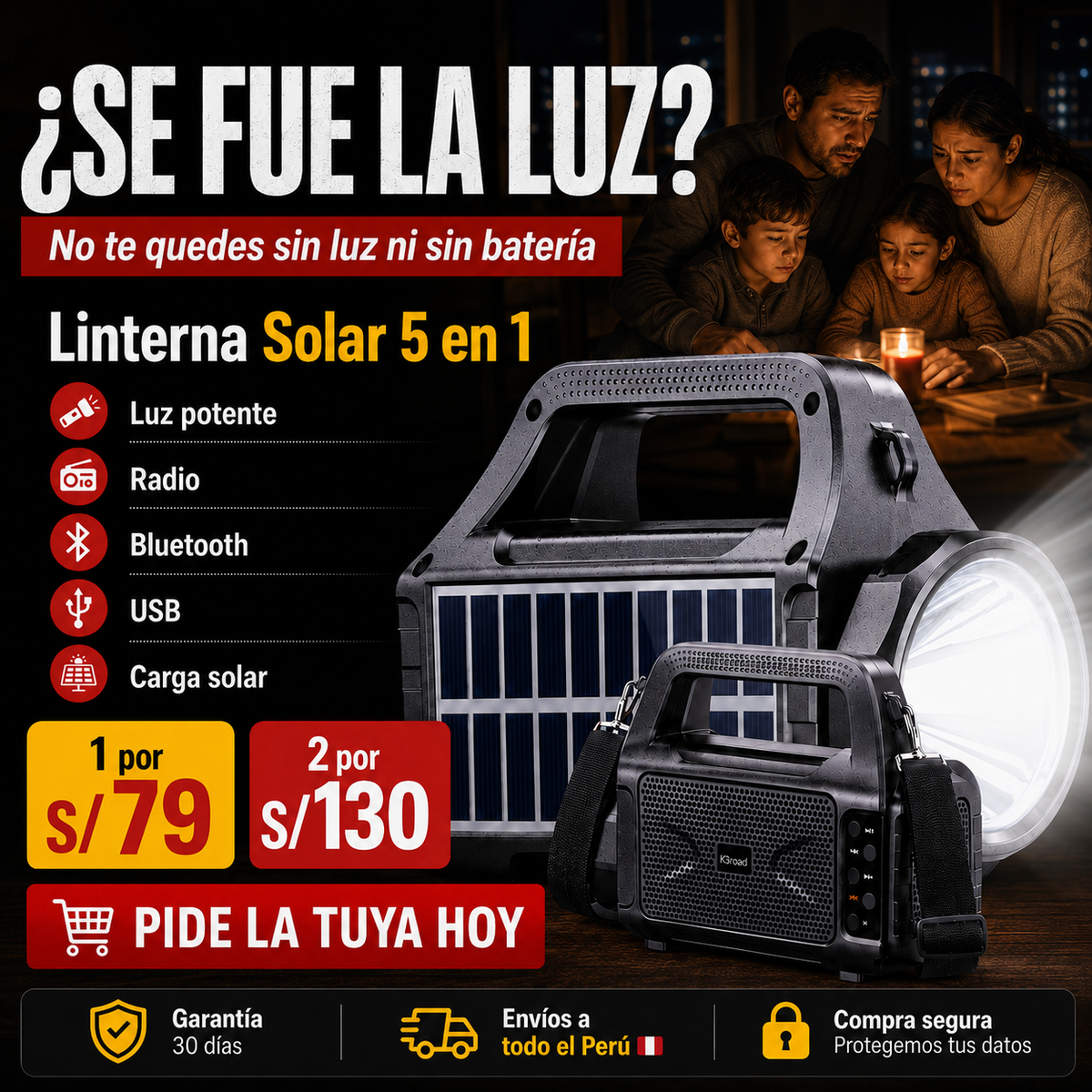 Linterna Solar 5 en 1 de Emergencia Familiar | Luz, Radio, Bluetooth, USB y Carga Solar/
