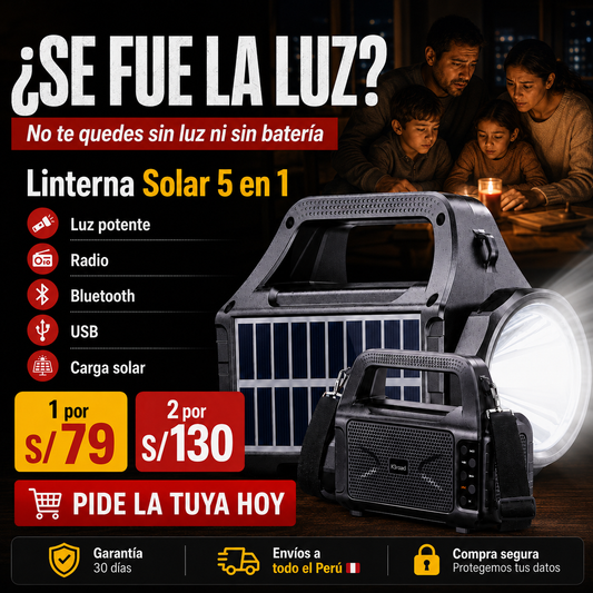 Linterna Solar 5 en 1 de Emergencia Familiar | Luz, Radio, Bluetooth, USB y Carga Solar/
