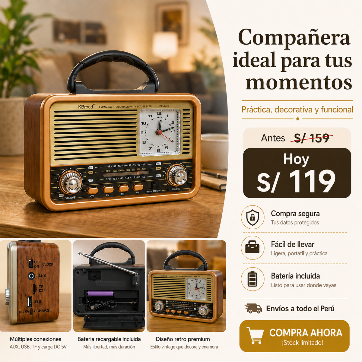 Radio Retro Portátil Recargable con Reloj, USB, TF y AUX