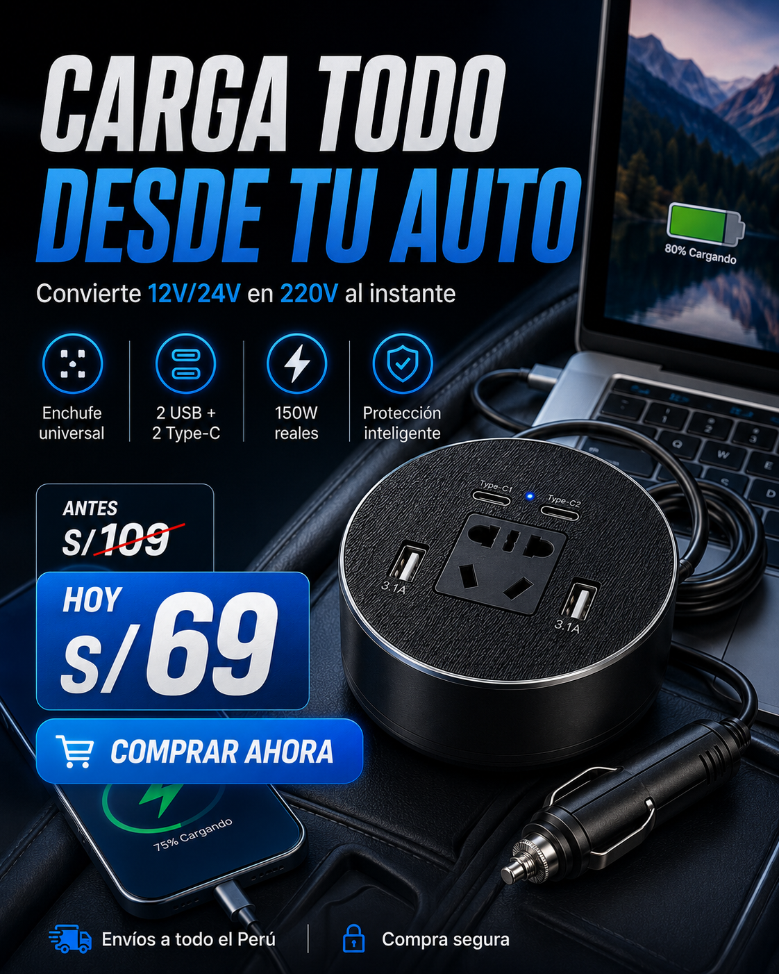 Cargador Universal 220V para Vehículo – Carga Laptop, Celular y Tablet desde tu Vehículo