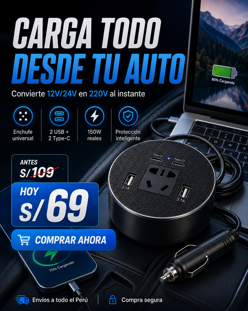 Cargador Universal 220V para Vehículo – Carga Laptop, Celular y Tablet desde tu Vehículo