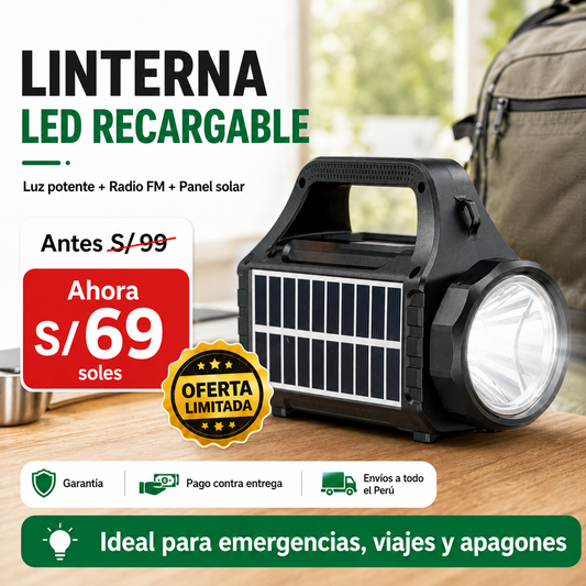 Linterna LED Recargable 3 en 1 con Radio FM, Panel Solar y Bluetooth – Ideal para Emergencias, Viajes y Apagones