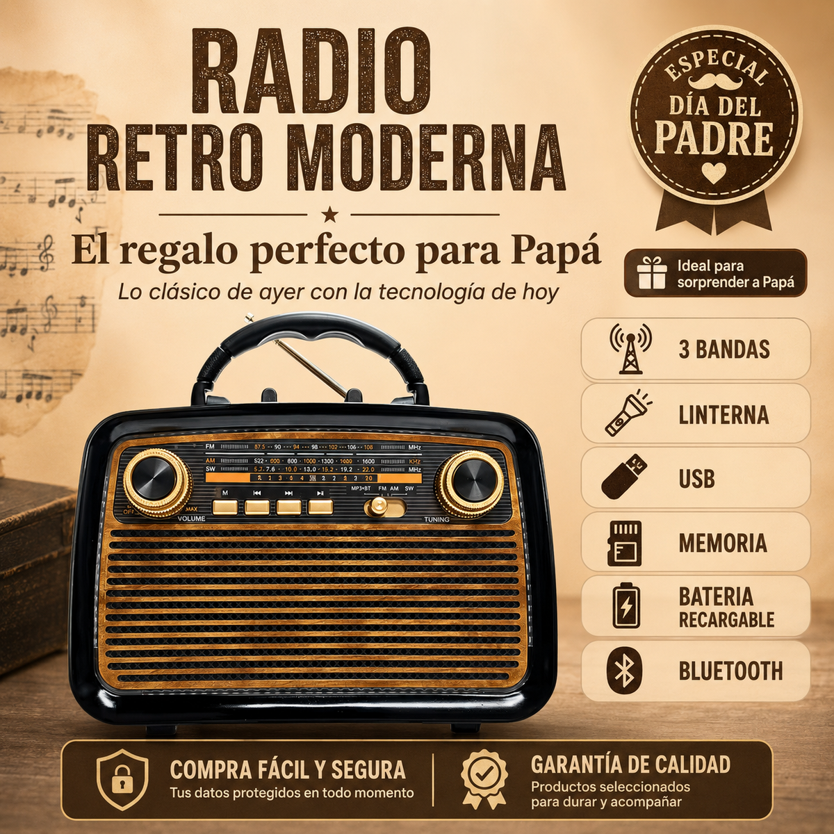 Radio Retro Moderna para Papá | Bluetooth, USB y AM/FM/SW