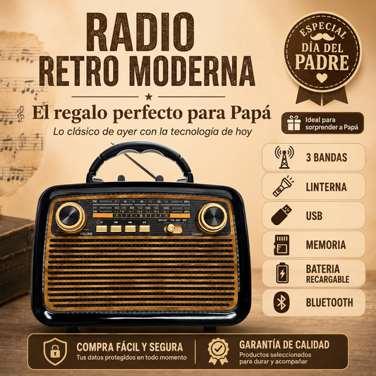 Radio Retro Moderna para Papá | Bluetooth, USB y AM/FM/SW