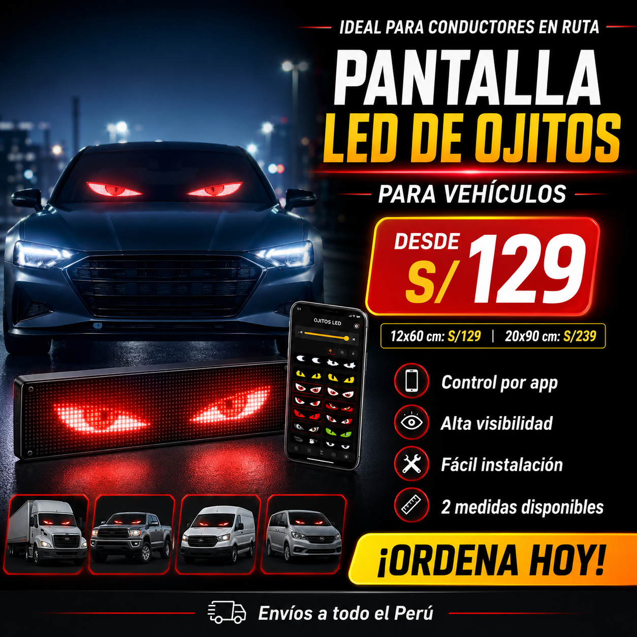 Pantalla LED de Ojitos Premium Inteligente para Auto, Mototaxi y Camión