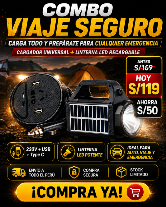 Combo Viaje Seguro: Cargador Universal 220V + Linterna LED Recargable
