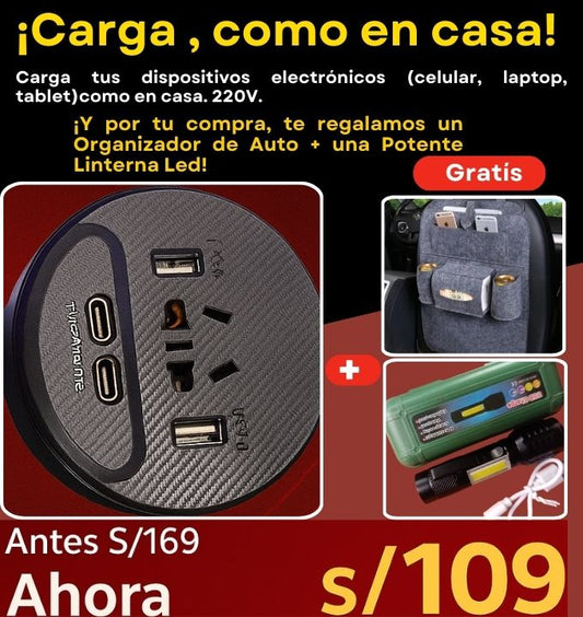 “Súper Cargador Universal + Organizador de Auto y Linterna LED ¡Pack 3 en 1!”