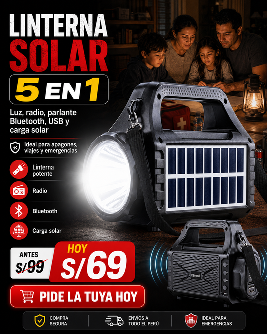 Linterna Solar 5 en 1 Recargable con Radio, Bluetooth, USB y Luz Potente