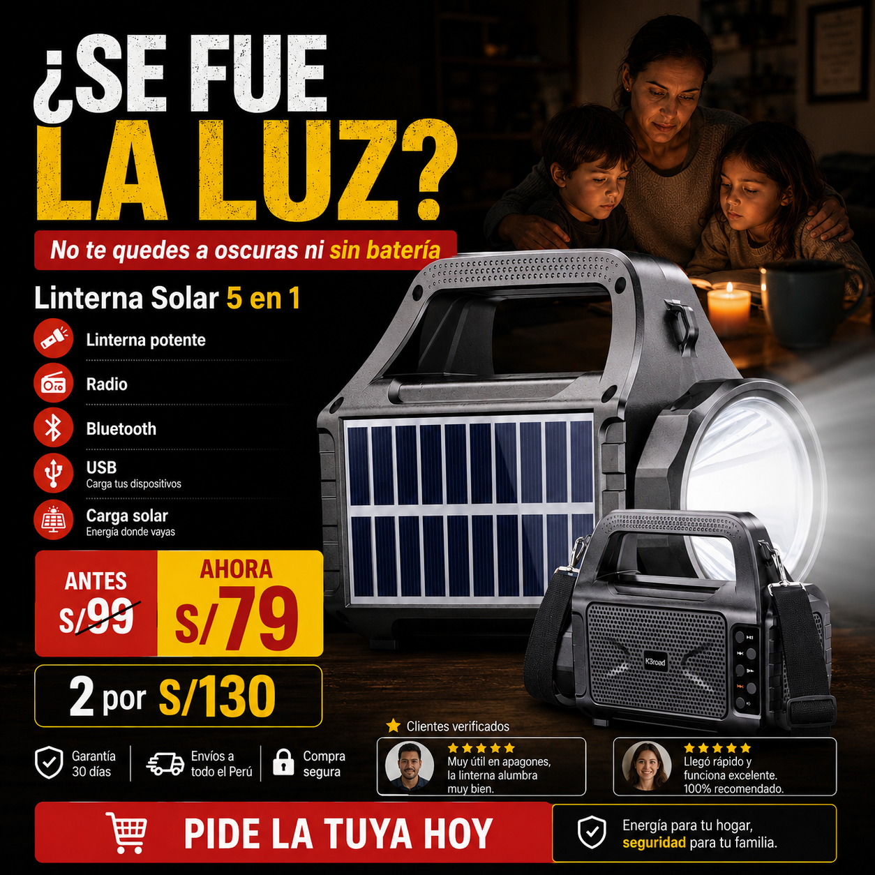 Linterna Solar 5 en 1 de Emergencia Familiar con Radio, Bluetooth y USB.