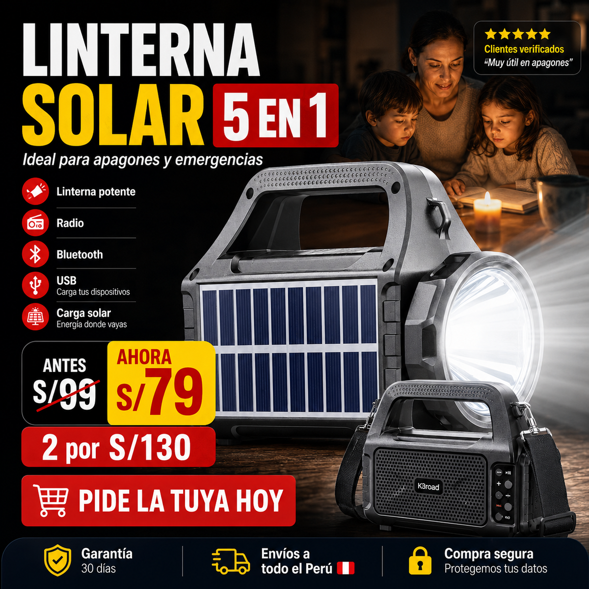 Linterna Solar 5 en 1 de Emergencia Familiar | Luz, Radio, Bluetooth, USB y Carga Solar.