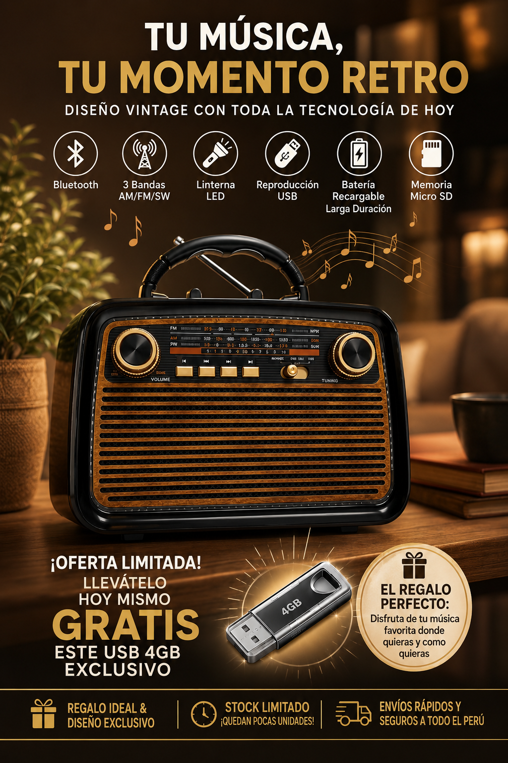 Radio Retro Moderna Bluetooth + USB Gratis
