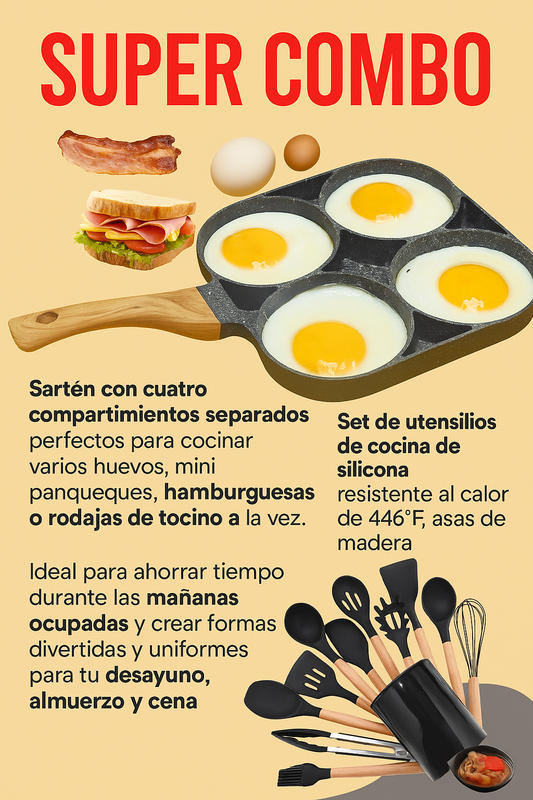 Claro y con beneficio "Sartén 4 Compartimientos + Set de Utensilios de Silicona" la solución más rápida para cocinar.