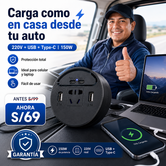 Cargador Universal para Vehículo 220V + USB + Type-C | Carga Celular y Laptop en Ruta