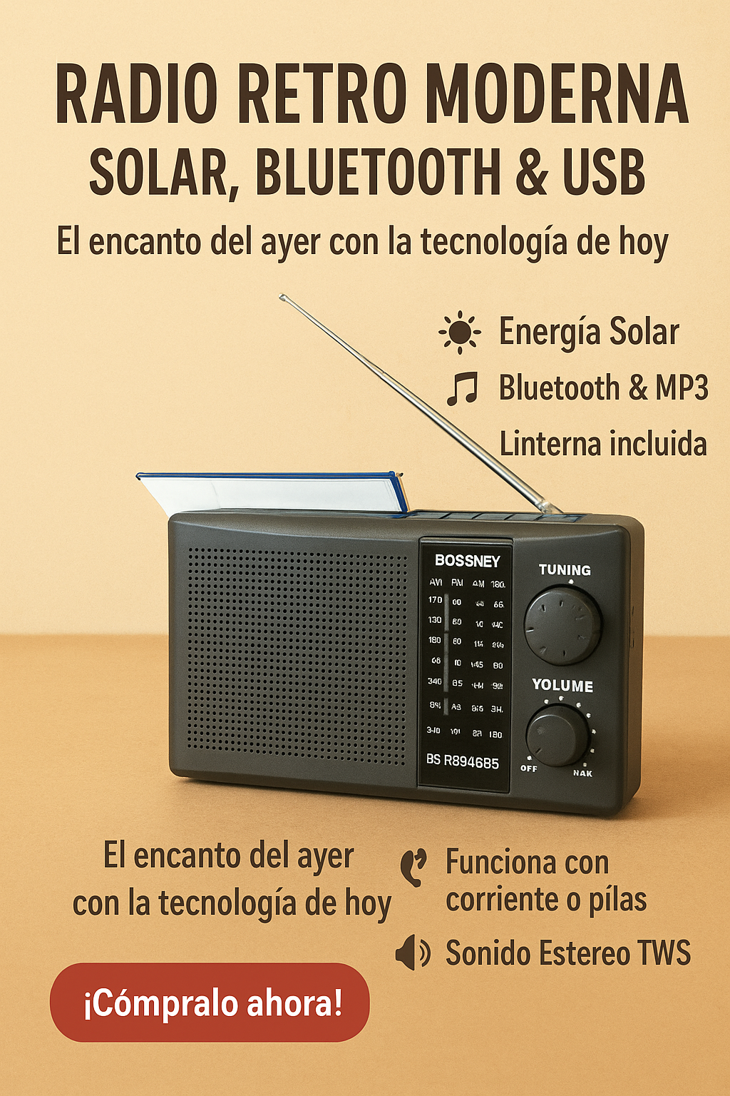 “Radio Retro Moderna – Solar, Bluetooth & USB”