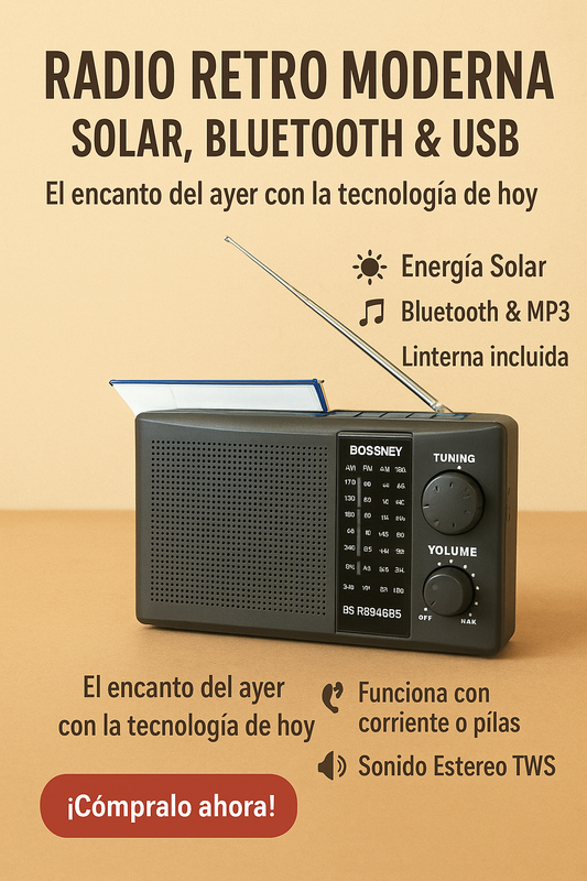 “Radio Retro Moderna – Solar, Bluetooth & USB”